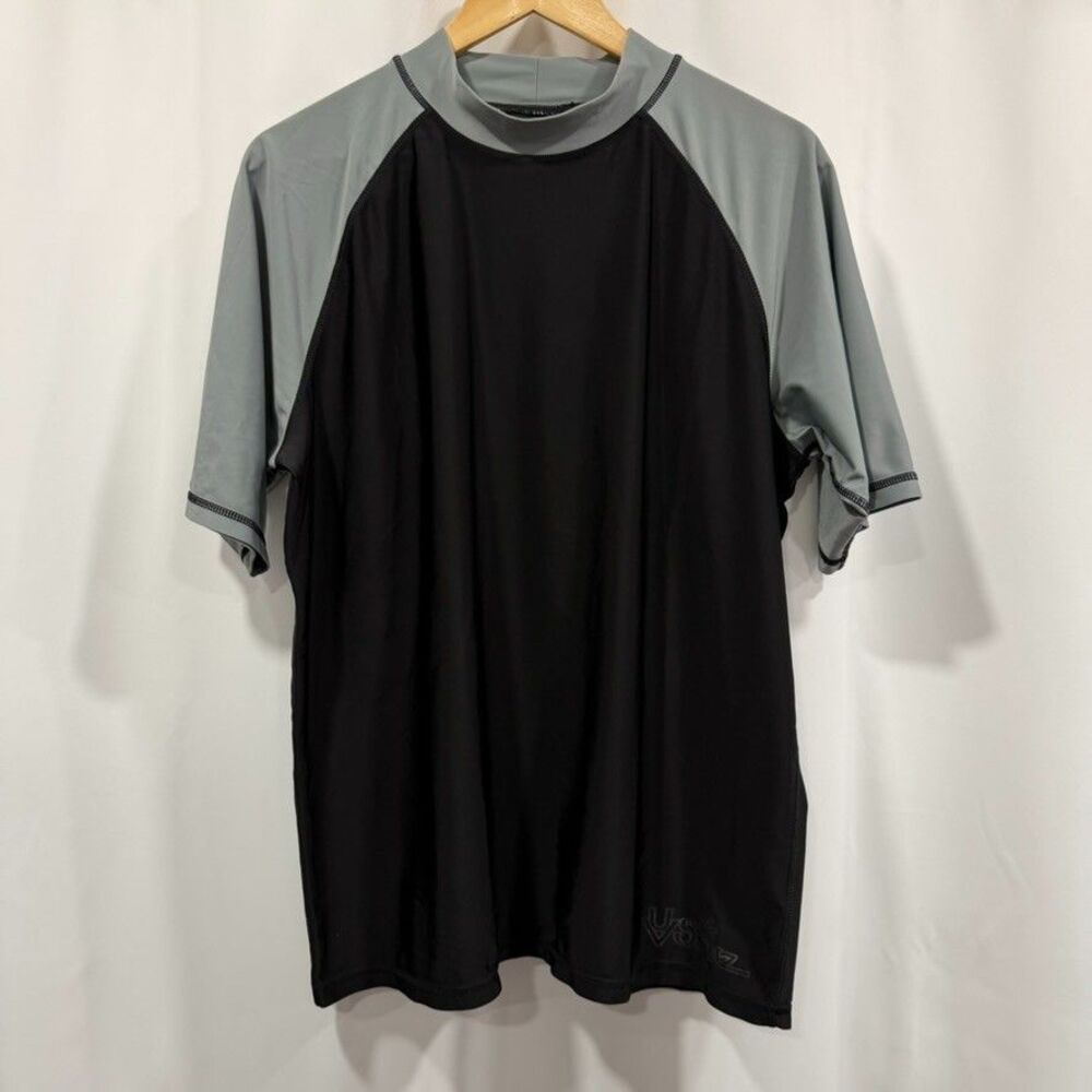 UV Skinz Mens L Black & Gray Short Sleeve Rash Guard Shirt Mock Neck UPF 50+ 606